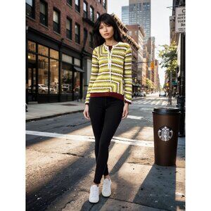 Granny Core Striped Boho‎ Crochet Lace-Up Neck Yellow/White/Brown Small Sweater